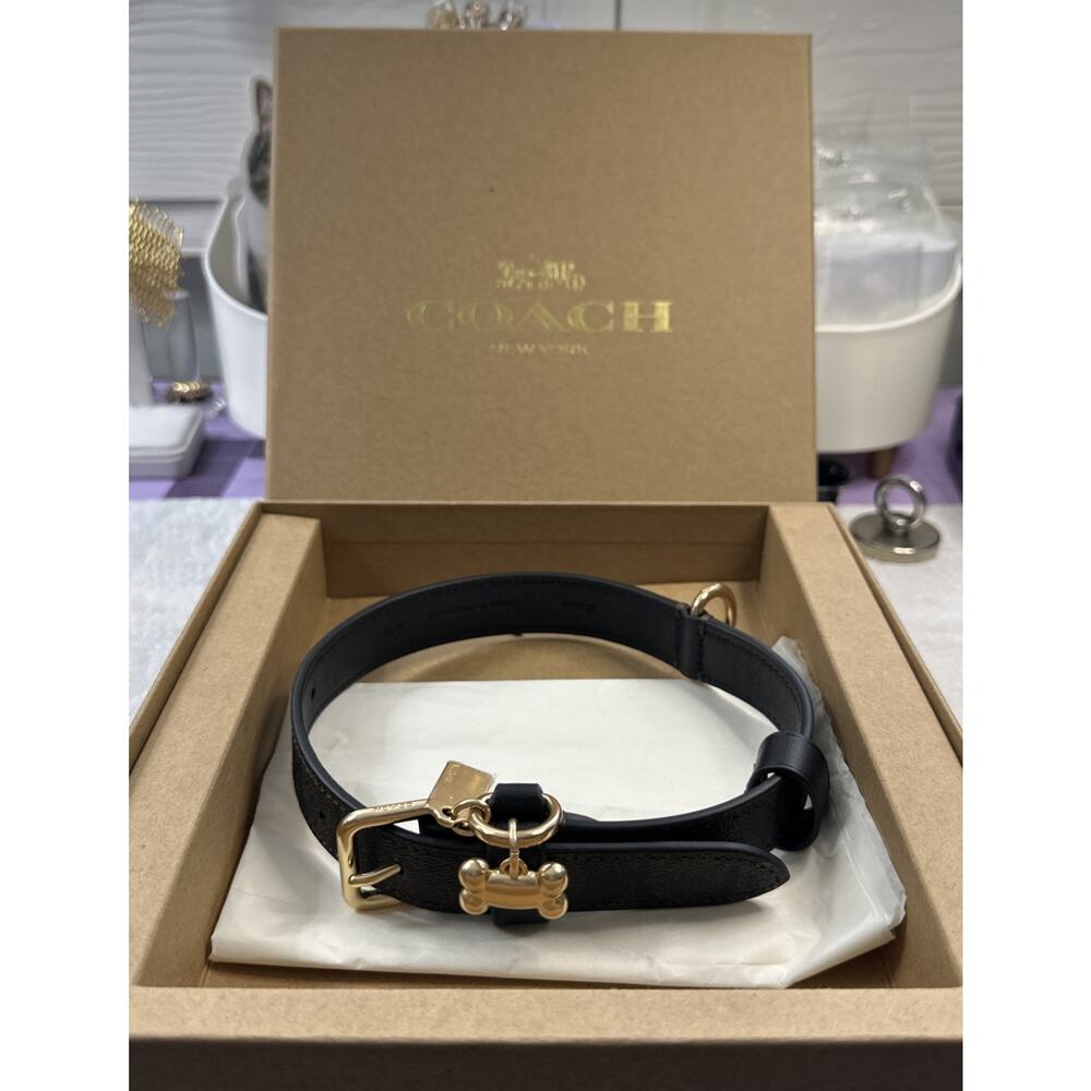COACH Gold/Brown Black Medium Dog Collar Gold Bone charm Leather New Box /Tag.